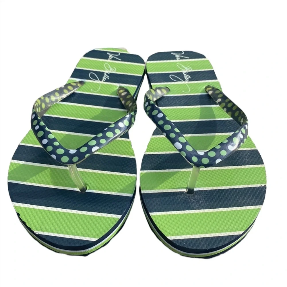 Vera Bradley Navy and Green Striped Flip Flops